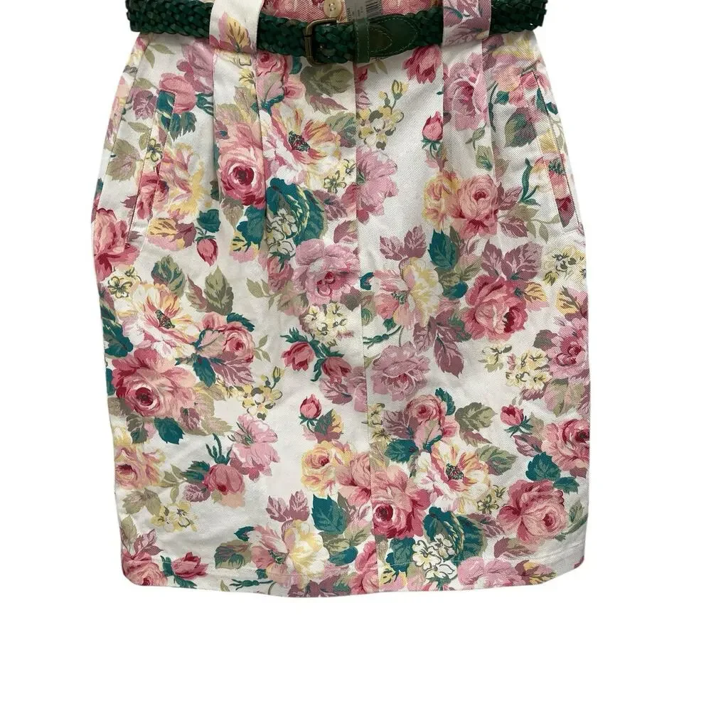 NWT Vintage Abercrombie & Fitch Floral Denim Skirt Pink Roses Size 6 26” Waist